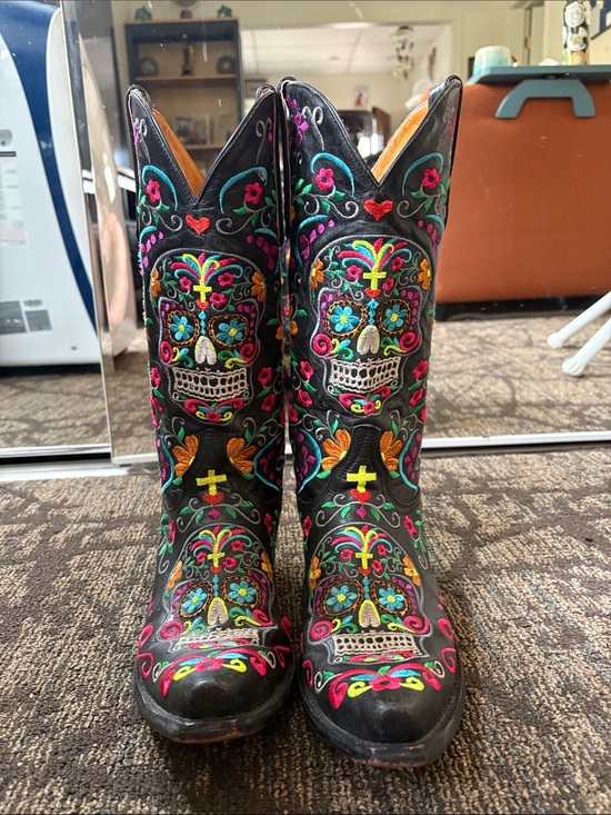 Old Gringo Shoes - OG Embroidered Black Leather Sugar Skull Cowboy Boots - Vibrant Multicolor